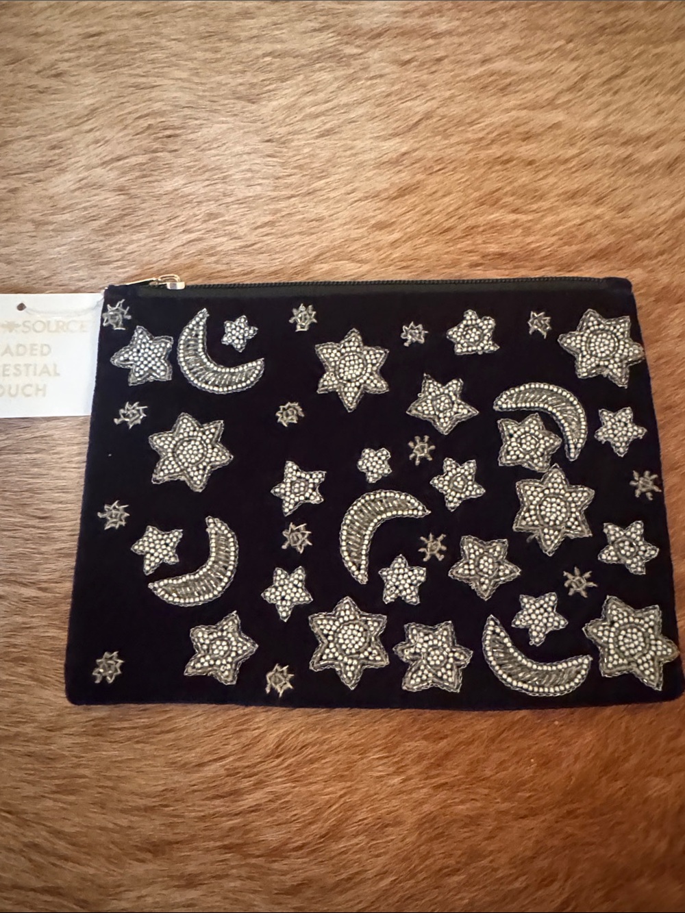 Paper Source Navy Velvet Clutch with Silver Beaded Stars & Moons